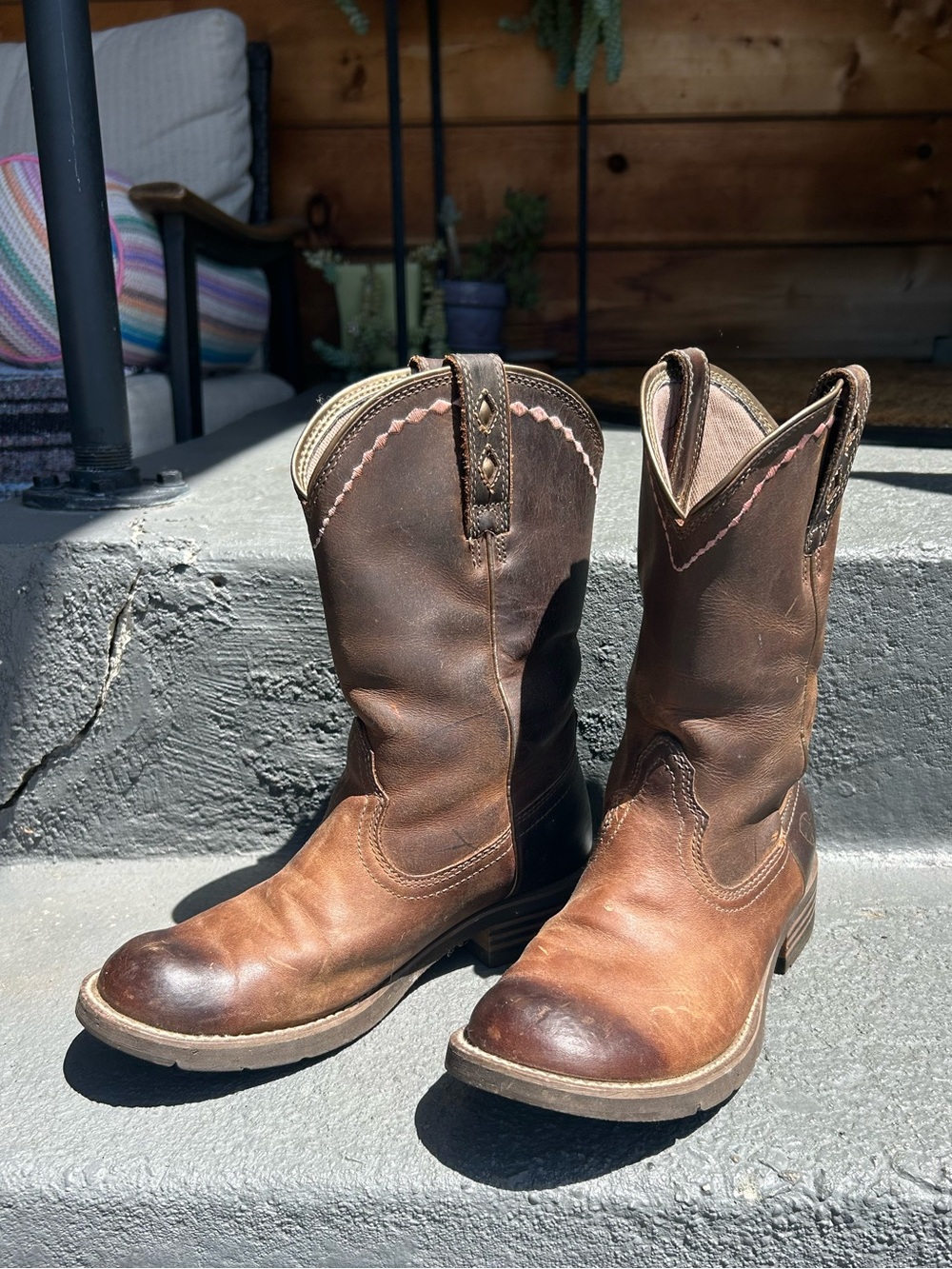Ariat Brown Leather Cowboy Boots with Pink Contrast Stitching